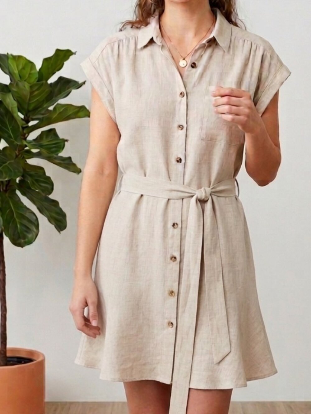 Monteau Mini Dress Linen Blend Beige Short Sleeve Tie Waist Size Small